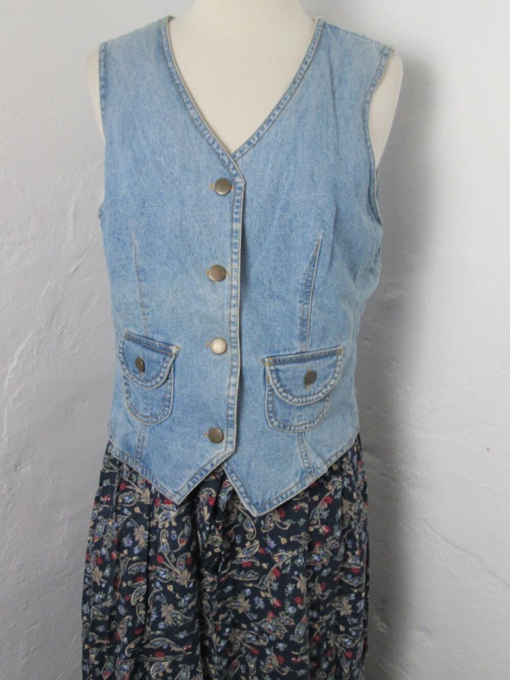 Vintage 80s Cowgirl Prairie Denim Vested Floral Midi Dress Junior Women's 13